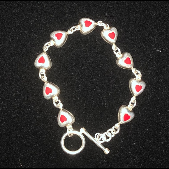 RED Vintage Sterling Silver enamel Inlay 7" Bracelet. B3 - Picture 3 of 12